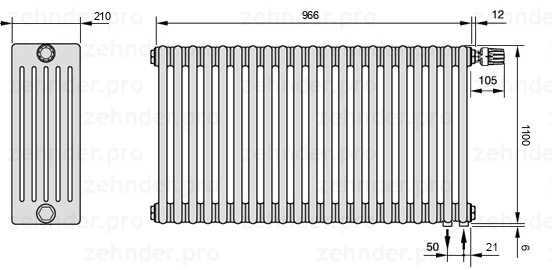 Схема (чертеж) Радиатор Zehnder Charleston 6110/21 №V002 Белый глянцевый RAL 9016